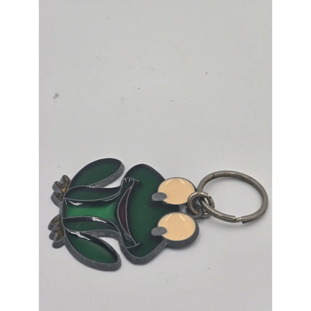 Vintage Green Frog Stained Glass Style Enamel Keychain Silver Tone Metal Ring